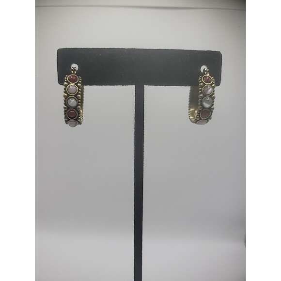 Vintage Gold Tone Hoop Earrings Stones Pierced Jewelry Costume - Picture 1 of 10